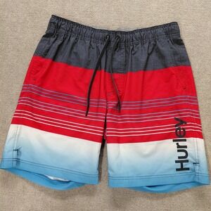 Hurley Men Swimwear L Red Blue Lined Swim Trunk Striped Board Shorts 7.5" Inseam